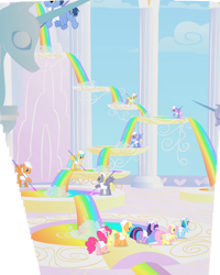 Size: 2162x2709 | Tagged: safe, composite screencap, edit, edited screencap, imported from derpibooru, screencap, applejack, blues, cloud break, emerald green, fluttershy, green gem, noteworthy, parasol, pinkie pie, rainbow dash, rainbowshine, sunshower raindrops, thorn (character), twilight sparkle, earth pony, pegasus, pony, unicorn, sonic rainboom (episode), background pony, cloud, cloud walking spell, cloudsdale, column, day, female, flying, hard hat, liquid rainbow, looking down, male, mare, panorama, rainbow, species swap, stallion, statue, thorn (g4), unicorn twilight, unnamed pony, weather factory, weather factory uniform