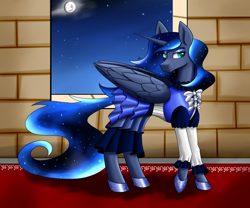 Size: 2400x2000 | Tagged: safe, artist:zachc, imported from derpibooru, princess luna, alicorn, pony, clothes, concave belly, dress, ethereal mane, ethereal tail, female, folded wings, hoof shoes, horn, interior, large wings, long tail, mare, moon, sky, slim, solo, starry mane, stars, tail, thin, wings