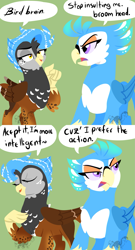 Size: 1023x1900 | Tagged: safe, artist:angexci, imported from derpibooru, oc, oc only, oc:anger parrot, oc:sdrow land, griffon, parrot griffon, comic, dialogue, duo, female, green background, griffon oc, griffonized, griffsona, simple background, species swap, speech bubble