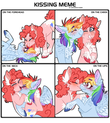 Size: 1071x1200 | Tagged: safe, artist:wanderingpegasus, imported from derpibooru, pinkie pie, rainbow dash, earth pony, pegasus, pony, alternate design, blushing, cheek kiss, cute, duo, ear blush, female, forehead kiss, kiss on the lips, kissing, kissing meme, lesbian, mare, meme, neck kiss, pale belly, pinkiedash, shipping, smiling