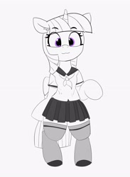 Size: 2274x3112 | Tagged: safe, artist:pabbley, imported from derpibooru, twilight sparkle, alicorn, pony, semi-anthro, :3, bipedal, clothes, cute, female, human shoulders, humanoid torso, looking at you, mare, monochrome, neo noir, partial color, pleated skirt, raised hoof, school uniform, simple background, skirt, smiling, socks, solo, thigh highs, twiabetes, twilight sparkle (alicorn), zettai ryouiki