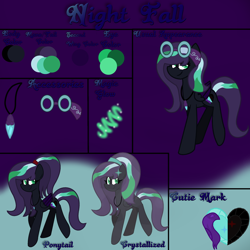 Size: 894x894 | Tagged: safe, artist:nightfallart32, imported from derpibooru, oc, oc only, oc:night fall, crystal pony, pegasus, pony, umbrum, base used, crystallized, cutie mark, goggles, jewelry, magic, necklace, parent:crystella shard, parent:shadow fall, pendant, ponytail, reference sheet