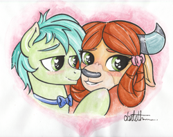 Size: 4179x3305 | Tagged: safe, artist:dantethehuman, imported from derpibooru, sandbar, yona, earth pony, pony, yak, she's all yak, blushing, cute, female, heart eyes, interspecies, sandabetes, shipping, smiling, straight, traditional art, wingding eyes, yonabar, yonadorable
