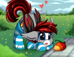 Size: 2430x1876 | Tagged: safe, artist:pridark, imported from derpibooru, oc, oc only, oc:jaiden, bat pony, bat pony oc, clothes, commission, cute, female, food, fruit, heart eyes, mango, ocbetes, smiling, socks, stockings, striped socks, thigh highs, wingding eyes