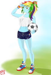 Size: 1806x2649 | Tagged: safe, artist:xxpaw2001xx, imported from derpibooru, rainbow dash, equestria girls, abs, breasts, busty rainbow dash, clothes, converse, female, football, midriff, one eye closed, ponytail, shoes, sneakers, solo, sports, sports bra, sports shorts, sweat, tanktop, wristband