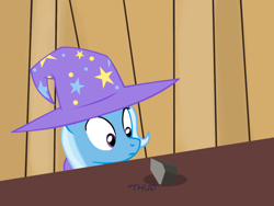 Size: 1200x900 | Tagged: safe, artist:evil-dec0y, imported from derpibooru, trixie, pony, unicorn, comic:trixie vs., cape, clothes, female, hat, implied death, mare, pet rock, rock, solo, trixie's cape, trixie's hat