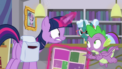 Size: 1920x1080 | Tagged: safe, imported from derpibooru, screencap, bellflower blurb, spike, twilight sparkle, alicorn, dragon, unicorn, the point of no return, book, bookshelf, comic book, library, saddle bag, twilight sparkle (alicorn), unicorn twilight, winged spike, wings