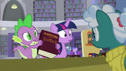 Size: 1920x1080 | Tagged: safe, imported from derpibooru, screencap, bellflower blurb, pokey pierce, sea swirl, seafoam, spike, twilight sparkle, alicorn, dragon, the point of no return, book, bookshelf, library, saddle bag, twilight sparkle (alicorn), winged spike, wings