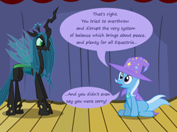 Size: 1280x957 | Tagged: safe, artist:evil-dec0y, imported from derpibooru, queen chrysalis, trixie, changeling, changeling queen, pony, unicorn, comic:trixie vs., angry, cape, clothes, cute, cutealis, dialogue, diatrixes, duo, duo female, female, hat, madorable, mare, stage, trixie's cape, trixie's hat