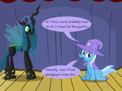 Size: 1280x957 | Tagged: safe, artist:evil-dec0y, imported from derpibooru, queen chrysalis, trixie, changeling, changeling queen, pony, unicorn, comic:trixie vs., cape, clothes, duo, duo female, female, hat, mare, stage, trixie's cape, trixie's hat