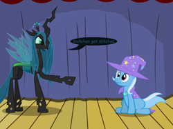 Size: 1280x957 | Tagged: safe, artist:evil-dec0y, imported from derpibooru, queen chrysalis, trixie, changeling, changeling queen, pony, unicorn, comic:trixie vs., cape, clothes, duo, duo female, female, hat, mare, stage, trixie's cape, trixie's hat