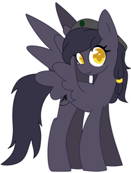 Size: 1992x2632 | Tagged: safe, artist:copster, imported from derpibooru, oc, oc only, oc:mir, pegasus, pony, beret, female, hair wrap, hat, looking at you, simple background, smiling, solo, wings