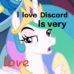 Size: 600x600 | Tagged: safe, edit, edited screencap, imported from derpibooru, screencap, discord, princess celestia, dislestia, engrish, female, grammar error, male, photo, shipping, straight, wat