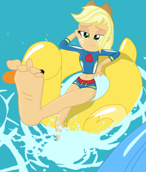 Size: 916x1080 | Tagged: safe, artist:grapefruitface1, derpibooru exclusive, edit, imported from derpibooru, applejack, equestria girls, i'm on a yacht, spoiler:eqg series (season 2), applejack's hat, barefoot, base used, belly button, big feet, clothes, cowboy hat, feet, female, hat, inflatable toy, midriff, pool toy, soles, solo, spalshing, splash, swimming pool, swimsuit, wiggling toes