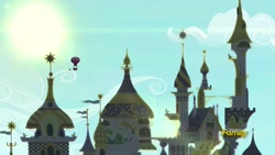 Size: 1920x1080 | Tagged: safe, imported from derpibooru, screencap, sparkle's seven, architecture, canterlot castle, castle, hot air balloon, no pony, sun, twinkling balloon