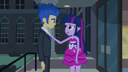 Size: 1920x1080 | Tagged: safe, imported from derpibooru, screencap, flash sentry, twilight sparkle, alicorn, equestria girls, equestria girls (movie), bare shoulders, canterlot high, clothes, dress, fall formal outfits, female, flashlight, male, shipping, sleeveless, straight, strapless, twilight ball dress, twilight sparkle (alicorn)