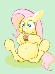 Size: 410x546 | Tagged: safe, artist:noupu, imported from derpibooru, fluttershy, pegasus, pony, belly, belly button, big belly, chubby, eating, fat, fattershy, female, food, mare, pie, simple background, solo, underhoof