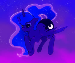 Size: 1280x1080 | Tagged: safe, artist:byebyebat, imported from derpibooru, princess luna, alicorn, pony, color porn, cute, ethereal mane, female, flying, gradient background, lunabetes, mare, night, solo, starry mane, stars
