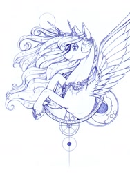 Size: 1219x1622 | Tagged: safe, artist:longinius, imported from derpibooru, princess luna, alicorn, pony, female, horn, horn jewelry, jewelry, mare, monochrome, pencil drawing, portrait, simple background, sketch, solo, traditional art, white background