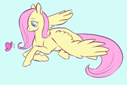 Size: 1280x853 | Tagged: safe, artist:feroxaurus, imported from derpibooru, fluttershy, butterfly, pegasus, pony, blue background, cute, female, hair over one eye, no more ponies at source, prone, shyabetes, simple background, solo, spread wings, wings