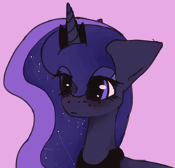Size: 700x671 | Tagged: safe, artist:byebyebat, imported from derpibooru, princess luna, alicorn, pony, bust, constellation, crown, cute, ethereal mane, female, freckles, jewelry, lunabetes, mare, pink background, portrait, purple background, regalia, simple background, solo, starry mane