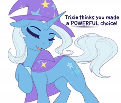 Size: 3000x2559 | Tagged: safe, artist:evehly, imported from derpibooru, trixie, pony, unicorn, cape, clothes, cute, dialogue, diatrixes, eyes closed, female, floppy ears, hat, leg fluff, mare, open mouth, reaction image, simple background, solo, trixie's cape, trixie's hat, white background