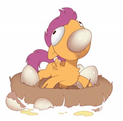 Size: 2717x2677 | Tagged: safe, artist:evehly, imported from derpibooru, scootaloo, pegasus, pony, cannibalism, chest fluff, derp, eating, egg, female, filly, nest, scootachicken, solo, wat, why