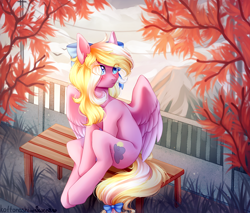 Size: 2346x2000 | Tagged: safe, artist:kottonashi, artist:sweesear, imported from derpibooru, oc, oc only, oc:bay breeze, pegasus, pony, blushing, bow, collaboration, female, hair bow, hair over one eye, looking up, mare, sitting, tail bow, ych result