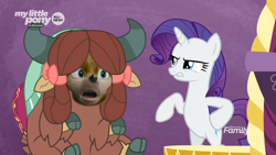 Size: 1920x1080 | Tagged: safe, edit, edited screencap, editor:sponandi, imported from derpibooru, screencap, rarity, yona, unicorn, yak, she's all yak, bow, cloven hooves, crossover, cursed image, discovery family logo, disgusted, face swap, female, hair bow, mare, meme, monkey swings, nightmare fuel, sonic movie 2020, sonic the hedgehog, sonic the hedgehog (series), wat