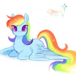 Size: 1280x1308 | Tagged: safe, artist:mirululu, imported from derpibooru, rainbow dash, pegasus, pony, chest fluff, cute, dashabetes, female, looking at you, mare, no mouth, ponyloaf, prone, simple background, solo, spread wings, white background, wings