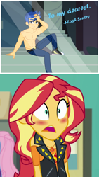 Size: 2048x3642 | Tagged: safe, artist:orin331, edit, edited screencap, imported from derpibooru, screencap, flash sentry, sunset shimmer, equestria girls, equestria girls series, forgotten friendship, blushing, converse, female, flashimmer, male, reaction, shipping, shoes, sneakers, straight