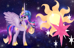 Size: 1383x903 | Tagged: safe, artist:nightmarelunafan, imported from derpibooru, princess celestia, twilight sparkle, oc, oc:princess solar sparkle, alicorn, pony, fusion, twilight sparkle (alicorn), wallpaper