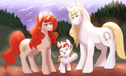 Size: 1151x694 | Tagged: safe, artist:spazzyhippie, imported from derpibooru, oc, oc:lucky charm, pony, unicorn, blonde hair, colt, family, family photo, father, female, male, mare, married couple, mother, offspring, parent, red hair, stallion