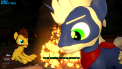 Size: 1280x720 | Tagged: safe, artist:sky chaser, imported from derpibooru, oc, oc only, oc:sky chaser, oc:thunderhoof, pegasus, pony, unicorn, 3d, beard, campfire, clothes, dialogue, facial hair, pony adventure, scarf, sitting, source filmmaker