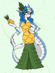 Size: 768x1024 | Tagged: safe, artist:emz2015, deleted from derpibooru, imported from derpibooru, oc, oc:ocean bloom, anthro, original species, shark pony, clothes, crossdressing, drag queen, dress, femboy, food, male, pineapple, rupaul's drag race, shark pony oc, solo