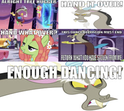 Size: 668x602 | Tagged: safe, edit, edited screencap, editor:undeadponysoldier, imported from derpibooru, screencap, discord, tree hugger, earth pony, pony, make new friends but keep discord, angry, canterlot, caption, dancing, enough dancing, female, flushed away, funny, funny as hell, hippie, hippy, image macro, le toad, male, mare, meme, reference sheet, simple background, text, vortex, white background, wrong aspect ratio