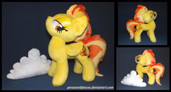 Size: 1600x863 | Tagged: safe, artist:peruserofpieces, imported from derpibooru, spitfire, pegasus, pony, accessory, bedroom eyes, cloud, confident, female, folded wings, irl, lidded eyes, mare, missing accessory, photo, plushie, raised head, seductive, smiling, solo, wings