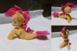 Size: 2382x1587 | Tagged: safe, artist:plushbyanto, imported from derpibooru, scootaloo, seapony (g4), beanie (plushie), chibi, cute, cutealoo, female, filly, fins, front view, irl, lying down, minky, no mouth, no nose, no nostrils, no pupils, photo, plushie, profile, race swap, seaponified, seapony scootaloo, solo, species swap, tail fin, toy