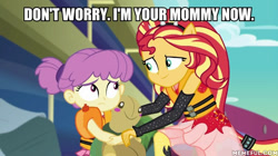 Size: 600x337 | Tagged: safe, edit, edited screencap, imported from derpibooru, screencap, sunset shimmer, water lily (equestria girls), water lily (g4), equestria girls, equestria girls series, spring breakdown, spoiler:eqg series (season 2), caption, child, female, image macro, implied kidnapping, irl, lifejacket, memeful.com, photo, plushie, ponied up, super ponied up, text