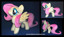 Size: 1280x741 | Tagged: safe, artist:peruserofpieces, imported from derpibooru, fluttershy, pegasus, pony, female, irl, long tail, mare, photo, plushie, profile, smiling, solo, spread wings, standing, toy, wings