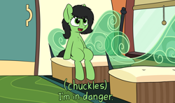 Size: 4000x2354 | Tagged: safe, artist:smoldix, imported from derpibooru, oc, oc only, oc:filly anon, pony, caption, chest fluff, dialogue, door, female, filly, i'm in danger, meme, open mouth, ralph wiggum, seat, sitting, solo, the simpsons, train, train car, window