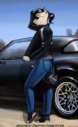 Size: 1073x1732 | Tagged: safe, artist:apocheck13, imported from derpibooru, oc, oc only, oc:elya, anthro, anthro oc, clothes, female, jacket, jeans, leather jacket, pants, pontiac firebird, ponytail, solo