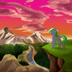 Size: 3000x3000 | Tagged: safe, artist:stec-corduroyroad, imported from derpibooru, oc, oc:forest rain, pegasus, pony, album cover, cliff, cloud, mountain, my little pony, river, scenery, singing, sunrise, sunset, tree