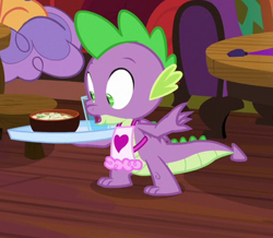 Size: 420x367 | Tagged: safe, imported from derpibooru, screencap, spike, dragon, the point of no return, apron, claws, clothes, food, male, naked apron, tail, the tasty treat, winged spike, wings