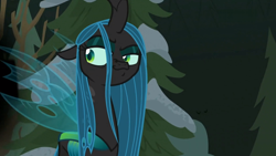 Size: 1824x1026 | Tagged: safe, imported from derpibooru, screencap, queen chrysalis, changeling, changeling queen, frenemies (episode), aside glance, female, freckles, sideways glance, smug, solo