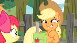 Size: 1824x1026 | Tagged: safe, imported from derpibooru, screencap, apple bloom, applejack, earth pony, pony, going to seed, apple sisters, duo, faic, female, filly, foal, lip bite, mare, raised hoof, saddle bag, sisters