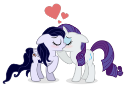 Size: 2055x1427 | Tagged: safe, artist:hazy skies, imported from derpibooru, rarity, oc, oc:serendipity, pegasus, pony, unicorn, blushing, canon x oc, chin touch, eyes closed, female, floating heart, floppy ears, heart, kissing, lesbian, lesbian rarity, love, raised hoof, shipping, simple background, transparent background