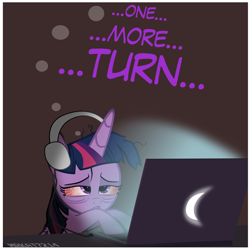 Size: 2000x2000 | Tagged: safe, alternate version, artist:mrkat7214, imported from derpibooru, twilight sparkle, alicorn, pony, comic:twilight vs. computer, bloodshot eyes, computer, female, headphones, laptop computer, messy mane, morning, sleepy, solo, tired, twilight sparkle (alicorn)