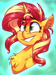 Size: 3024x4032 | Tagged: safe, artist:crimmo, artist:drizziedoodles, imported from derpibooru, sunset shimmer, pony, unicorn, abstract background, bust, cheek fluff, chest fluff, cute, ear fluff, ear piercing, earring, female, freckles, grin, jewelry, peppered bacon, piercing, portrait, shimmerbetes, shoulder fluff, smiling, solo