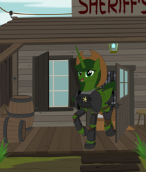 Size: 1931x2273 | Tagged: safe, artist:grypher, derpibooru exclusive, imported from derpibooru, oc, oc only, oc:sheriff green, alicorn, pony, fallout equestria, fallout equestria: red 36, alicorn oc, armor, artificial alicorn, barrel, commission, cowboy hat, fanfic, fanfic art, female, green alicorn (fo:e), hat, hooves, horn, looking at you, mare, open mouth, power armor, raised hoof, sheriff, sheriff's badge, solo, vector, window, wings